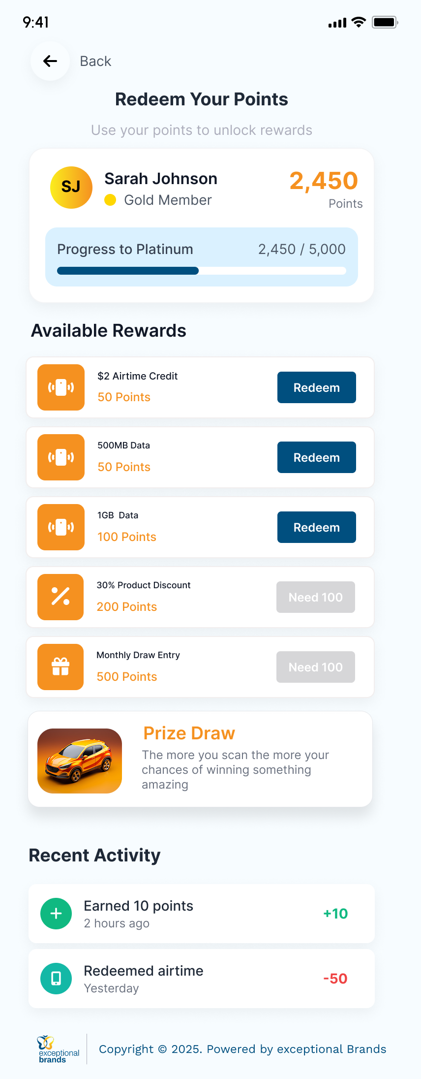 Exceptional Brands redeem points screen